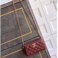 Low Cost Chanel Grained Calfskin Zipped Phone Holder with Chain and Strass CH101102 Burgundy 2025