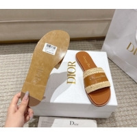 Cute Dior Dioriviera D-Lane Flat Slides Sandal in Calfskin and Braided Raffia Brown 0822106