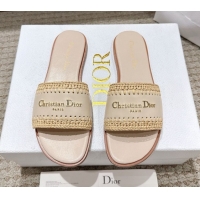 Good Quality Dior Dioriviera D-Lane Flat Slides Sandal in Calfskin and Braided Raffia Nude 0822107