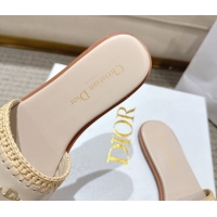 Good Quality Dior Dioriviera D-Lane Flat Slides Sandal in Calfskin and Braided Raffia Nude 0822107