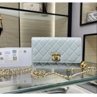 High Quality Chanel Shiny Lambskin Wallet On Chain WOC AP3938 Light Blue 2025