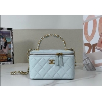 Spot Bulk Chanel Grained Shiny Calfskin Long Vanity Case with Chain and Top Handle A96161 Light Blue 2025