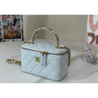 Spot Bulk Chanel Grained Shiny Calfskin Long Vanity Case with Chain and Top Handle A96161 Light Blue 2025