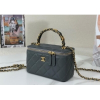 Grade Quality Chanel Grained Shiny Calfskin Long Vanity Case with Chain and Top Handle A96161 Dark Grey 2025