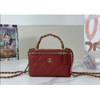 Low Price Chanel Grained Shiny Calfskin Long Vanity Case with Chain and Top Handle A96161 Red 2025