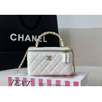 Spot Discount Chanel Grained Shiny Calfskin Long Vanity Case with Chain and Top Handle A96161 White 2025
