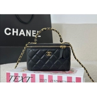 Inexpensive Chanel Grained Shiny Calfskin Long Vanity Case with Chain and Top Handle A96161 Black 2025