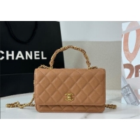 Original Cheap Chanel Grained Shiny Calfskin Wallet on Chain with Top Handle WOC AP4785 Camel Brown 2025