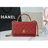 Spot Bulk Chanel Grained Shiny Calfskin Wallet on Chain with Top Handle WOC AP4785 Red 2025