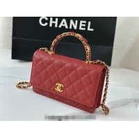 Spot Bulk Chanel Grained Shiny Calfskin Wallet on Chain with Top Handle WOC AP4785 Red 2025