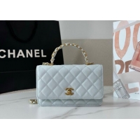 New Fashion Chanel Grained Shiny Calfskin Wallet on Chain with Top Handle WOC AP4785 Light Blue 2025