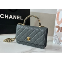 Market Sells Chanel Grained Shiny Calfskin Wallet on Chain with Top Handle WOC AP4785 Dark Grey 2025