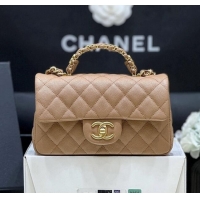 Best Price Chanel Mini Flap Bag with Top Handle in Grained Shiny Calfskin AS5701 Camel 2025 Top Quality