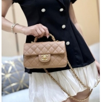 Best Price Chanel Mini Flap Bag with Top Handle in Grained Shiny Calfskin AS5701 Camel 2025 Top Quality