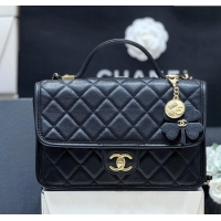 Promotional Chanel Flap Bag with Top Handle in Grained Shiny Calfskin AS3653 Black 2025 Top Quality