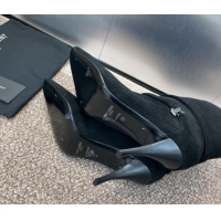 Shop Duplicate Saint Laurent Niki Heel Ankle Boots 9.5cm with YSL Strap in Suede Black 0825080