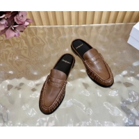 Good Quality Saint Laurent Le Loafers Mules in Creased Leather Dark Brown 0825095