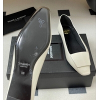 Luxury Cheap Saint Laurent Cassandre Ballerinas Flat with Square Buckle in Patent Leather White 0825105