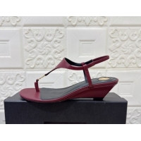 Best Grade Saint Laurent Cassandra Wedge Thong Sandals 3.5cm in Calfskin Burgundy 50825121