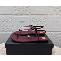 Best Price Saint Laurent Cassandra Flat Thong Sandals in Calfskin Burgundy 0825127