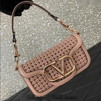 Cheap Design Valentino Loco Small Shoulder Bag in Woven Leather 5041 Rose Beige 2024