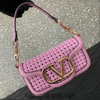 Affordable Price Valentino Loco Small Shoulder Bag in Woven Leather 5041 Pink 2024