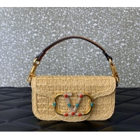 Famous Brand Valentino Loco Small Shoulder Bag in Raffia Straw with Jewel Logo 5016 Beige/Brown 2024