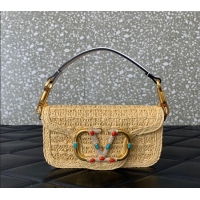 Best Price Valentino Loco Small Shoulder Bag in Raffia Straw with Jewel Logo 5016 Beige/White 2024