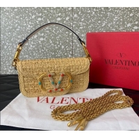 Best Price Valentino Loco Small Shoulder Bag in Raffia Straw with Jewel Logo 5016 Beige/White 2024
