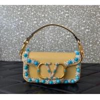 Famous Brand Valentino Loco Small Shoulder Bag with Embroidered Trim 6036 Yellow 2024