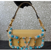 Famous Brand Valentino Loco Small Shoulder Bag with Embroidered Trim 6036 Yellow 2024