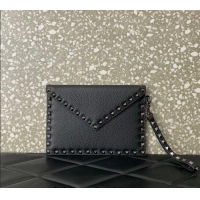 Best Price Valentino Rockstud Grainy Calfskin pouch VLTN053 Black/Gunmetal 2024
