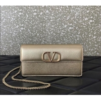 Top Quality Valentino VLogo Grainy Calfskin Chain Clutch VLTN061 Light Gold 2024