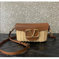 Best Product Valentino Logo Small Shoulder bag in Leather and Wicker 5055 Brown 2024