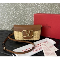 Best Product Valentino Logo Small Shoulder bag in Leather and Wicker 5055 Brown 2024