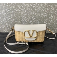 Shop Discount Valentino Logo Small Shoulder bag in Leather and Wicker 5055 White 2024