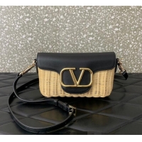 Reasonable Price Valentino Logo Small Shoulder bag in Leather and Wicker 5055 Black 2024