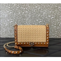 Best Promotional Valentino Rockstud Raffia Straw Pouch Chain Mini Bag 0571 Beige/Brown 2024