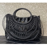 Top Design Valentino AllKnots Woven Leather Shopper Tote bag 0997 Black 2024