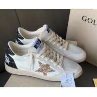 Feminine Golden Goose Women’s Ball Star LTD in white nappa leather and grey suede with glitter star and black heel tab 0