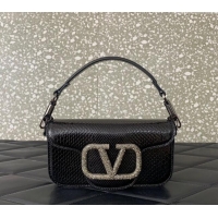 Best Price Valentino Loco Small Shoulder Bag in Snakeskin Embossed Leather with Strass VLTN5030 Black 2024