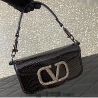 Best Price Valentino Loco Small Shoulder Bag in Snakeskin Embossed Leather with Strass VLTN5030 Black 2024