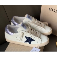 Discount Golden Goose Women's Super-Star in white leather with black glitter star and metallic purple heel tab 0902101