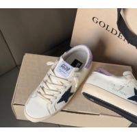 Discount Golden Goose Women's Super-Star in white leather with black glitter star and metallic purple heel tab 0902101