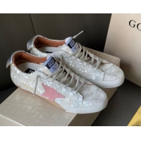 Luxurious Golden Goose Women's True-Star in white sequins with pink star and silver leather heel tab 0902108
