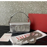Reasonable Price Valentino Loco Small Shoulder Bag in Snakeskin Embossed Leather with Strass VLTN5030 Silver 2024