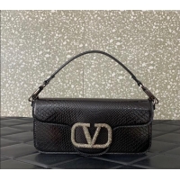 Promotional Valentino Loco Medium Shoulder Bag in Snakeskin Embossed Leather with Strass VLTN6030 Black 2024