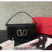 Promotional Valentino Loco Medium Shoulder Bag in Snakeskin Embossed Leather with Strass VLTN6030 Black 2024