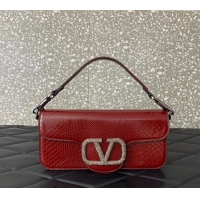 New Fashion Valentino Loco Medium Shoulder Bag in Snakeskin Embossed Leather with Strass VLTN6030 Dark Red 2024