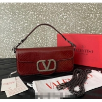 New Fashion Valentino Loco Medium Shoulder Bag in Snakeskin Embossed Leather with Strass VLTN6030 Dark Red 2024